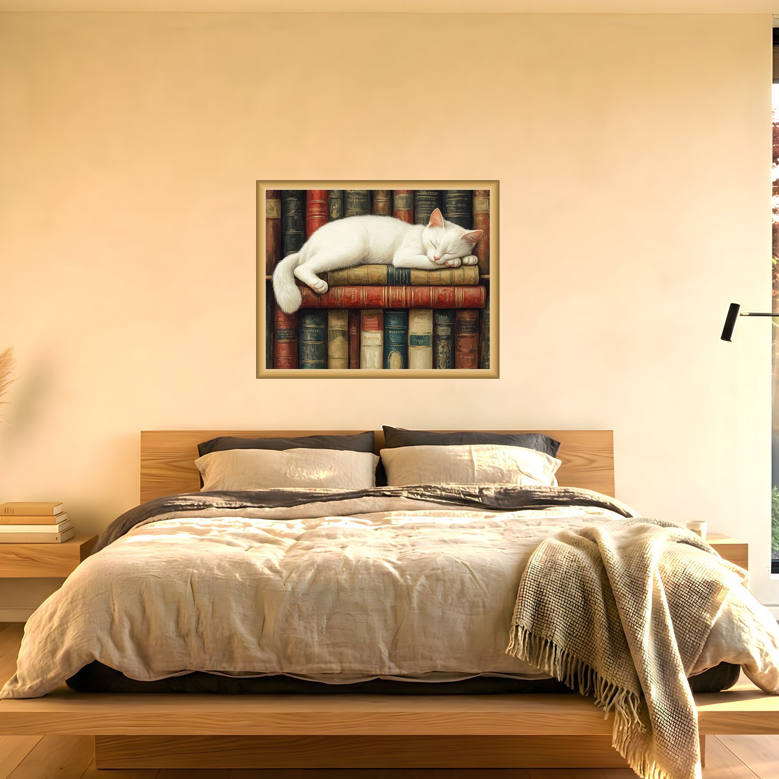 White cat artwork in a Japandi bedroom mockup